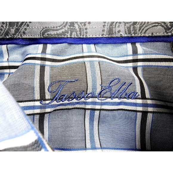 Tasso Elba Size Large 16-16.5 Men's Blue White Black Gray Check Cotton Shirt NWT - Picture 6 of 11